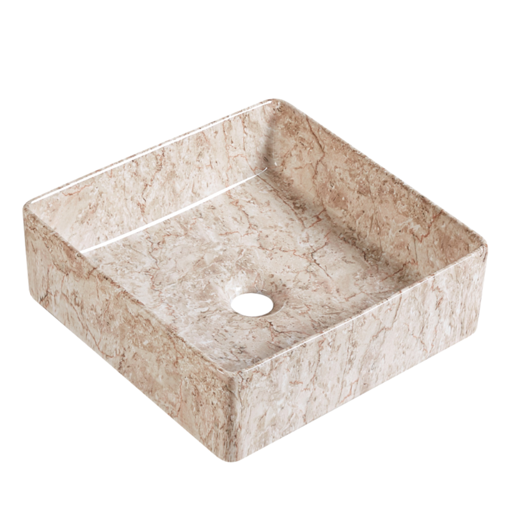 Square beige marble ceramic vessel bathroom sink with brown veining for above-counter vanity.