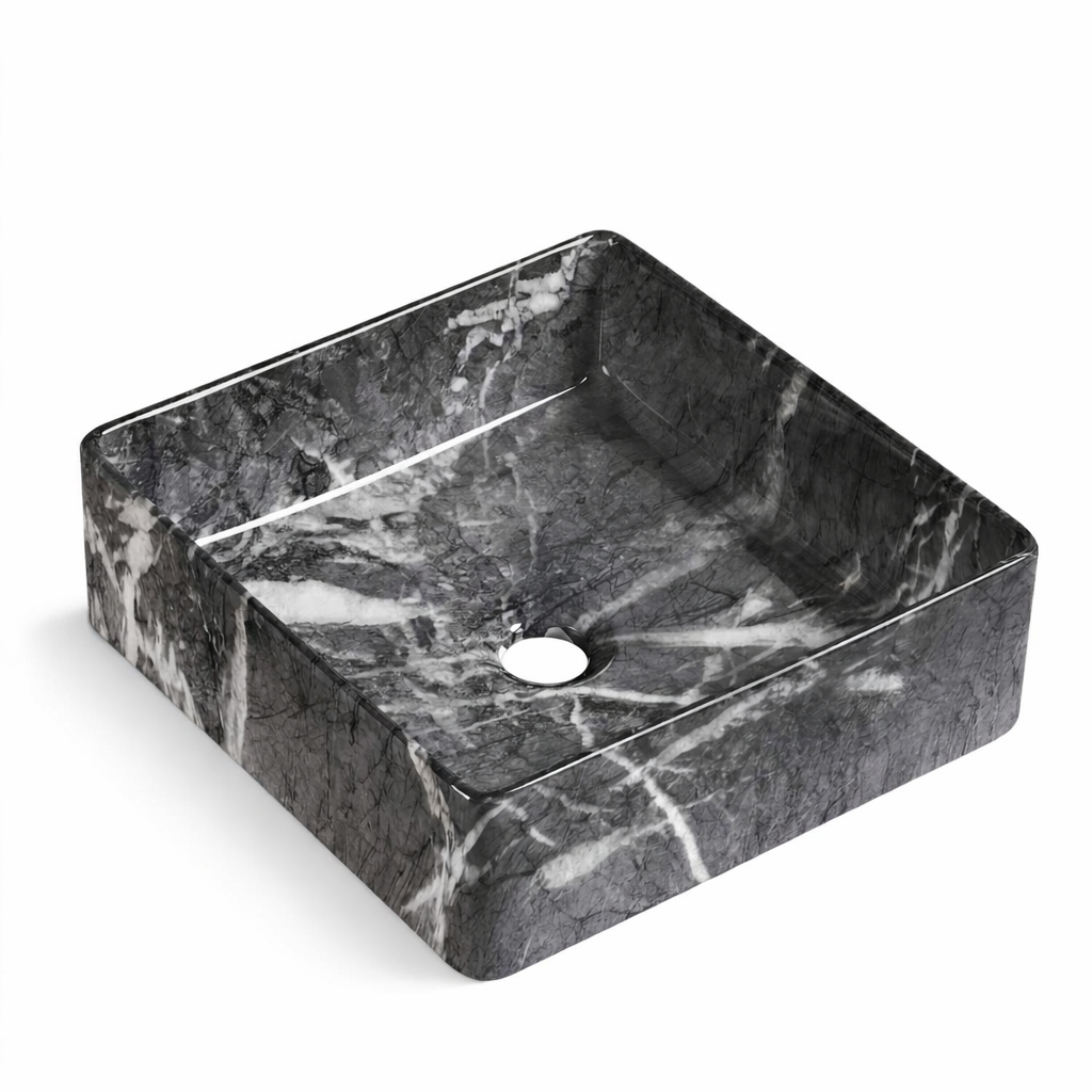 Square dark gray marble vessel sink with white veining, modern stone bathroom basin.