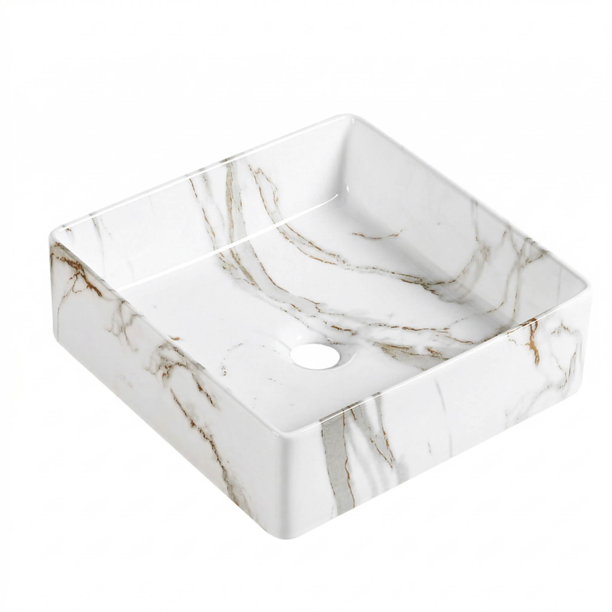 Square white marble ceramic vessel sink with brown veining for modern bathroom vanity.