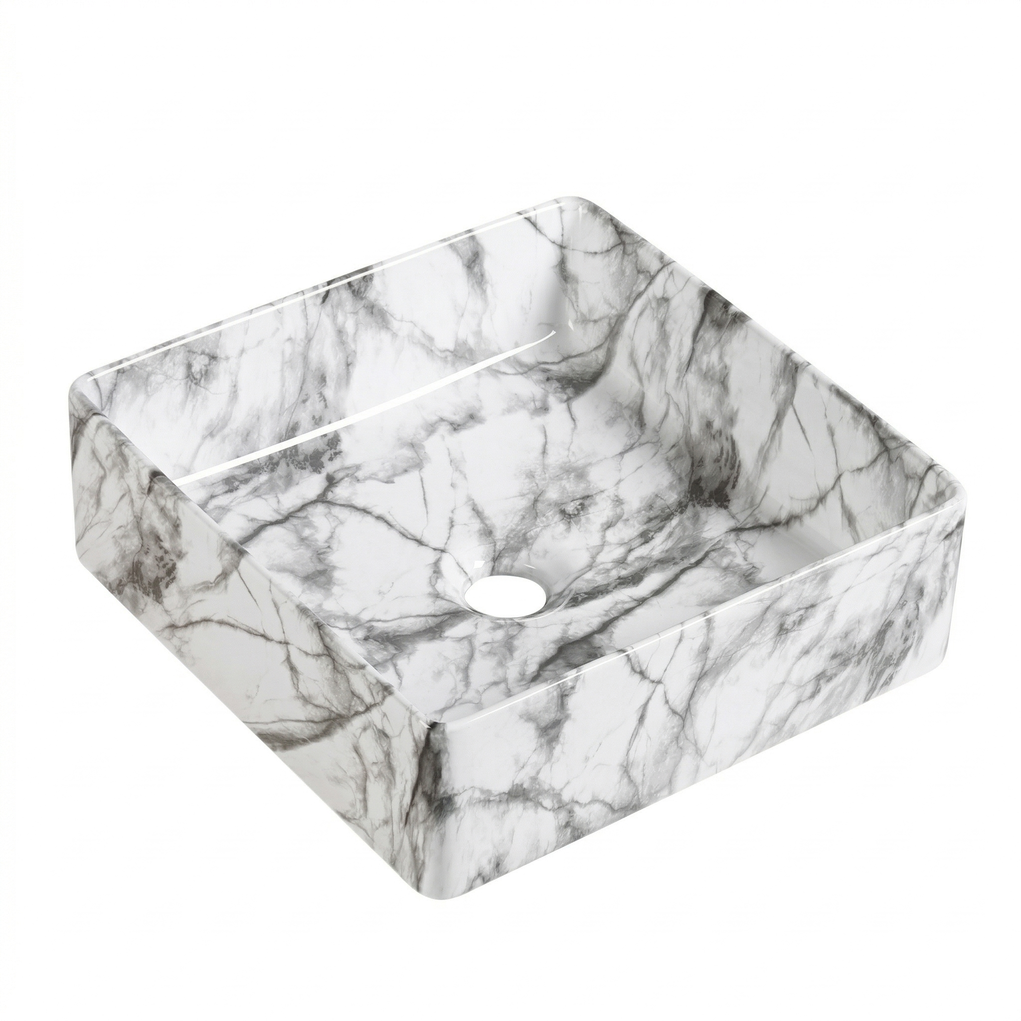 Modern white marble square ceramic vessel sink with grey veining for bathroom vanity.