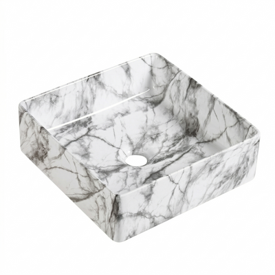 Modern white marble square ceramic vessel sink with grey veining for bathroom vanity.