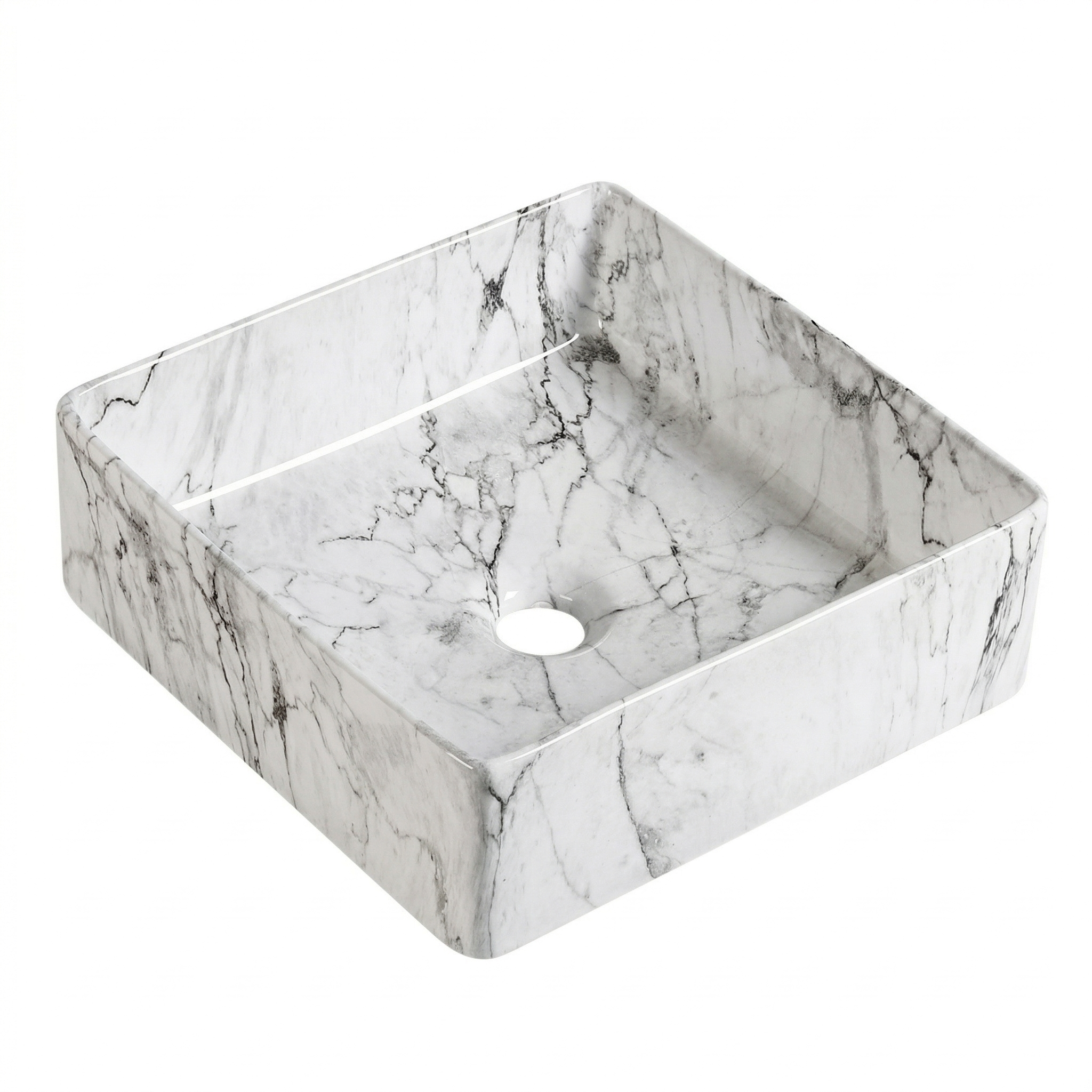 Modern square white marble vessel bathroom sink with grey veining, above-counter vanity basin.