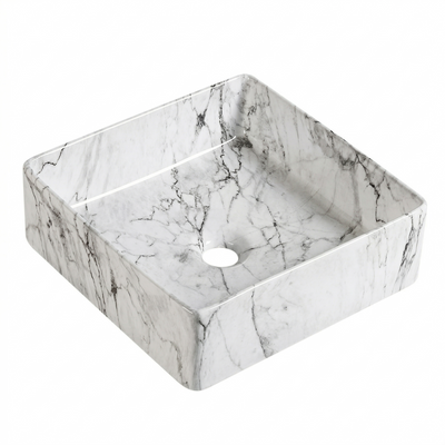 Modern square white marble vessel bathroom sink with grey veining, above-counter vanity basin.