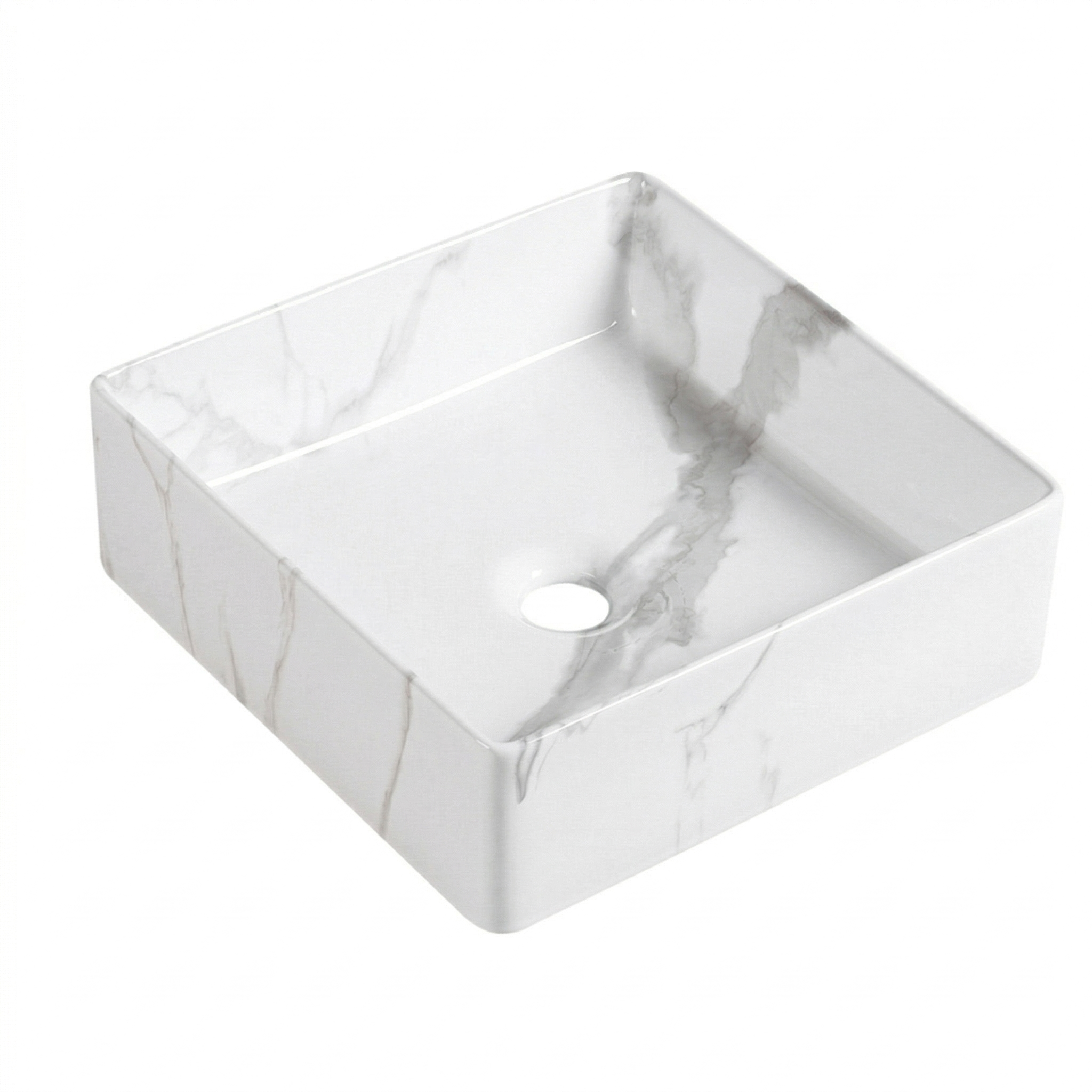 Square white marble pattern ceramic vessel bathroom sink with gray veining