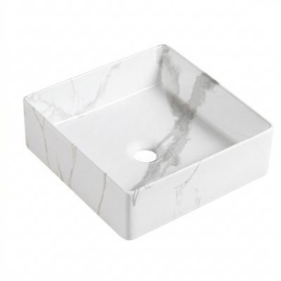 Square white marble pattern ceramic vessel bathroom sink with gray veining
