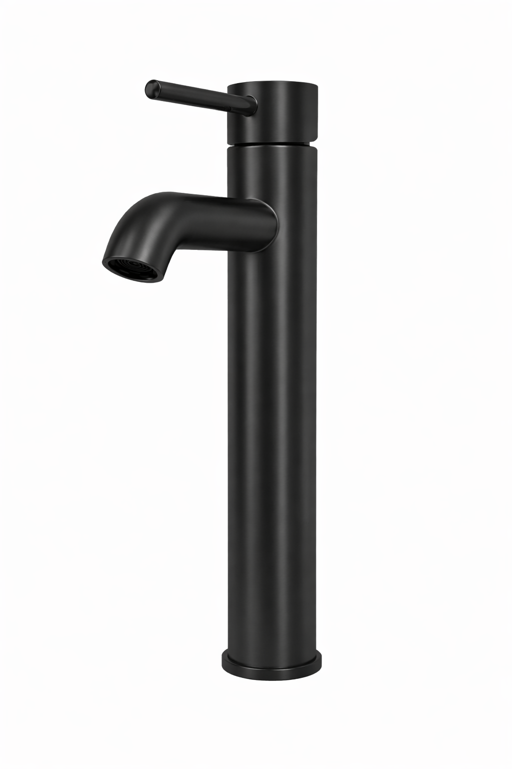 Modern matte black single-handle tall vessel faucet for bathroom sinks.