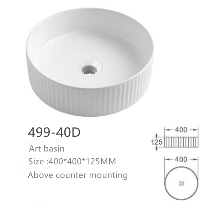 White fluted round ceramic above counter vessel sink, 400mm modern art basin.