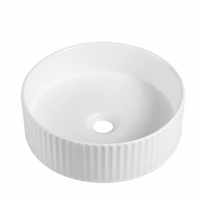 Matte white round fluted vessel sink, ceramic countertop wash basin for modern bathroom vanity.