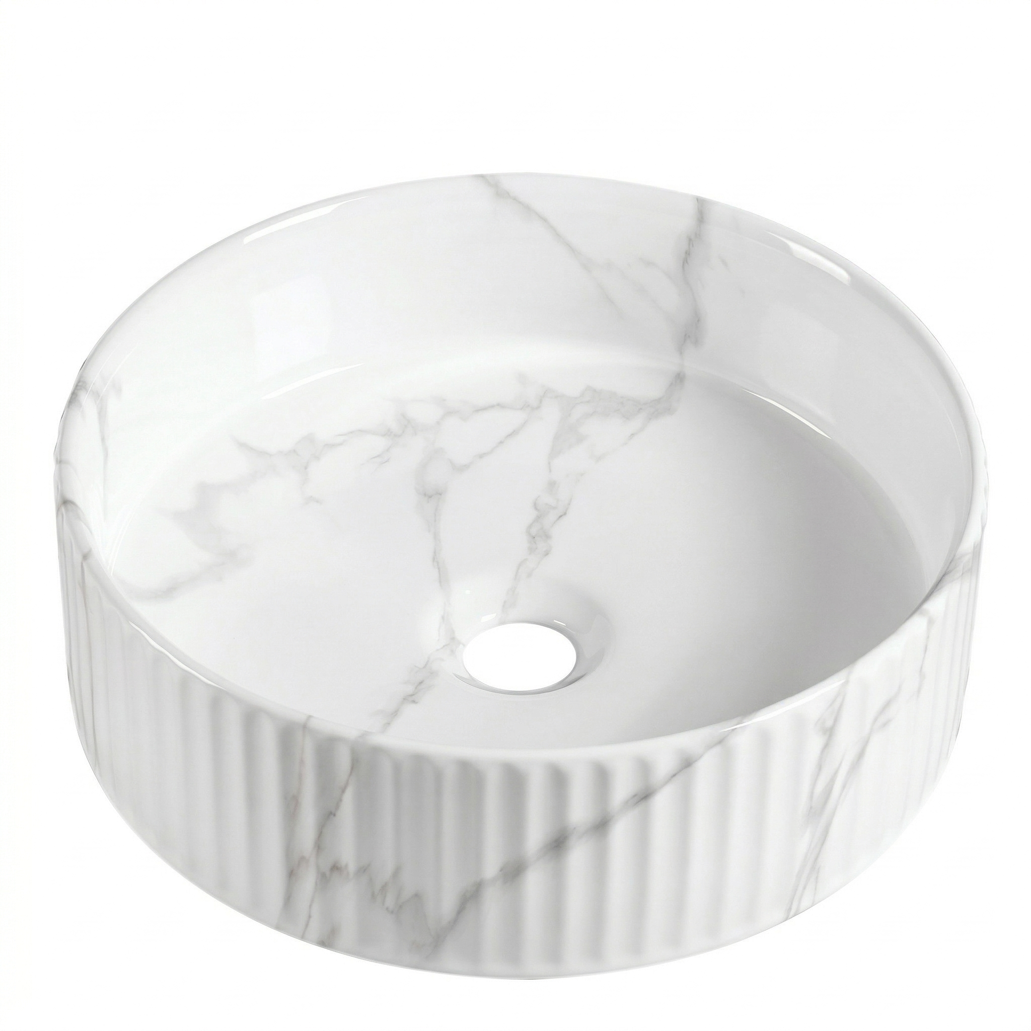 Round white marble vessel sink with fluted exterior, modern countertop basin for bathroom vanity.