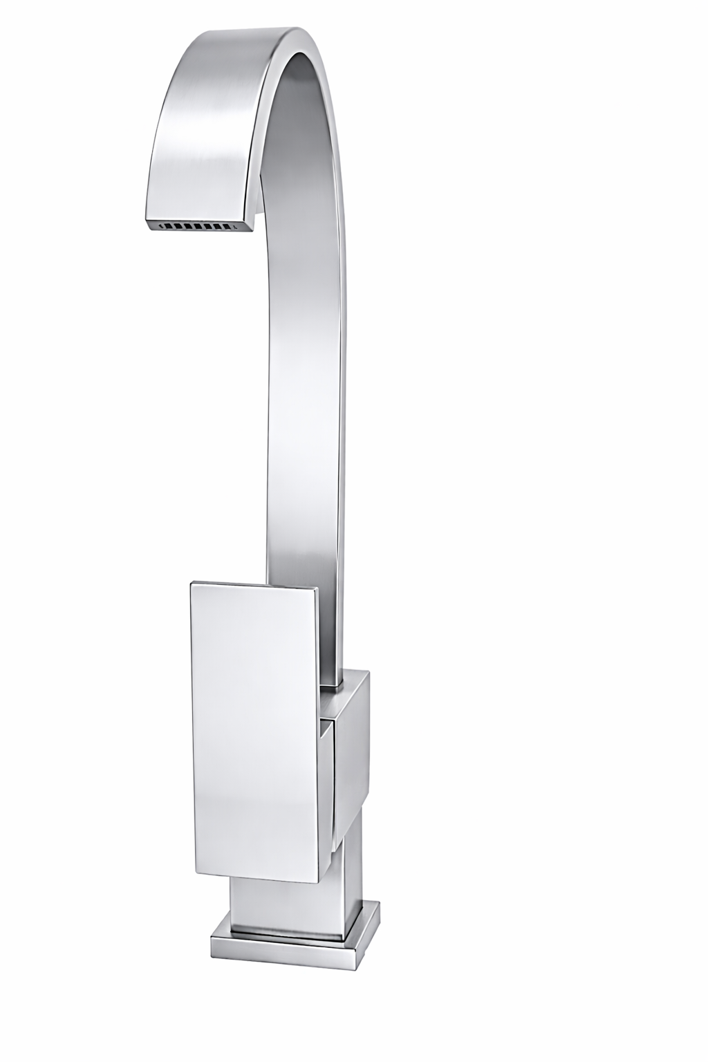 Modern brushed nickel vessel sink faucet with a high arch spout and single lever handle for bathrooms.