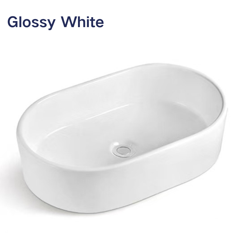Glossy white oval ceramic vessel bathroom sink with smooth finish for countertop.