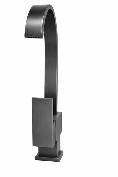 Modern brushed gunmetal gray high arc bathroom faucet with a single handle and waterfall spout.