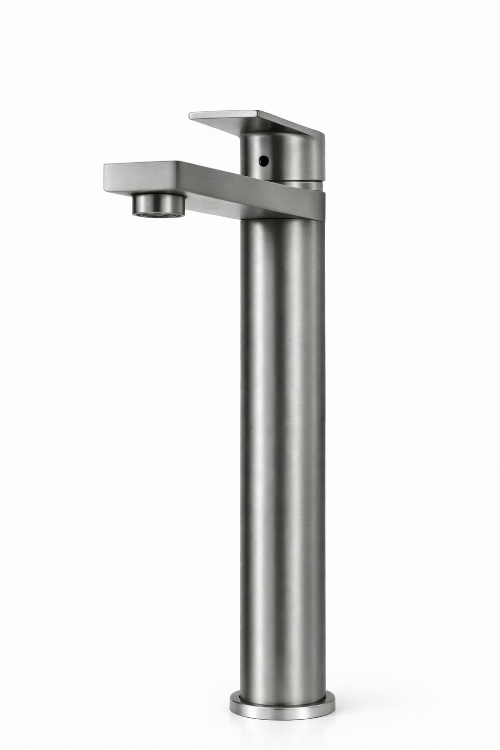 Modern brushed nickel tall vessel sink faucet with single lever handle, minimalist design on white background.