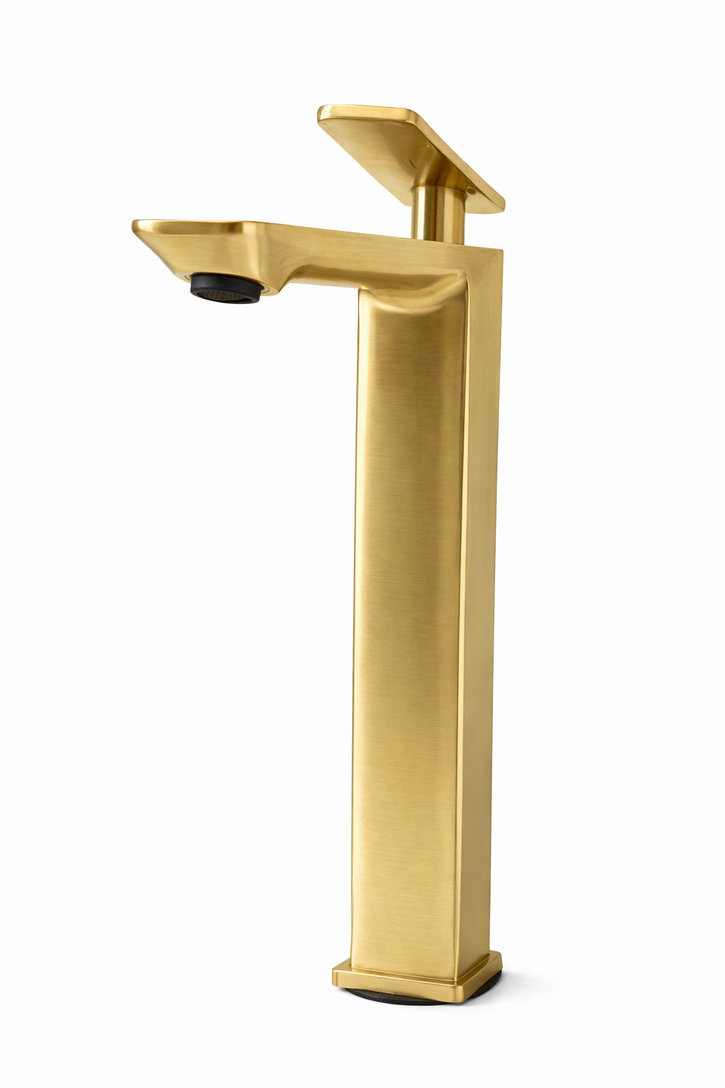 Modern brushed gold vessel sink faucet with a single lever handle and sleek rectangular design.