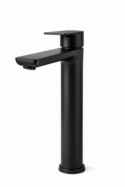Modern matte black tall vessel sink faucet with single-lever handle and flat spout.