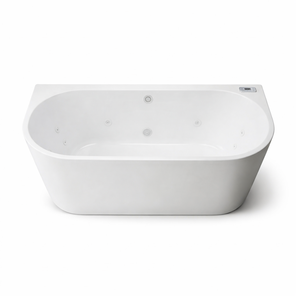 Modern white jetted whirlpool bathtub with digital control panel and rounded front design.