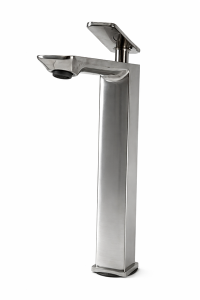 Modern tall brushed nickel vessel sink faucet with a sleek single-handle design.