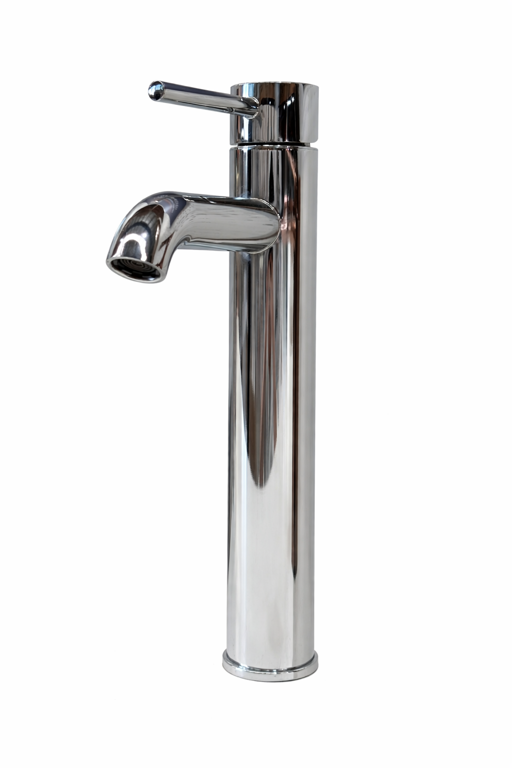 Modern tall polished chrome single-handle bathroom vessel sink faucet.
