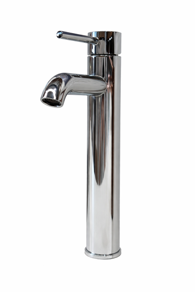 Modern tall polished chrome single-handle bathroom vessel sink faucet.