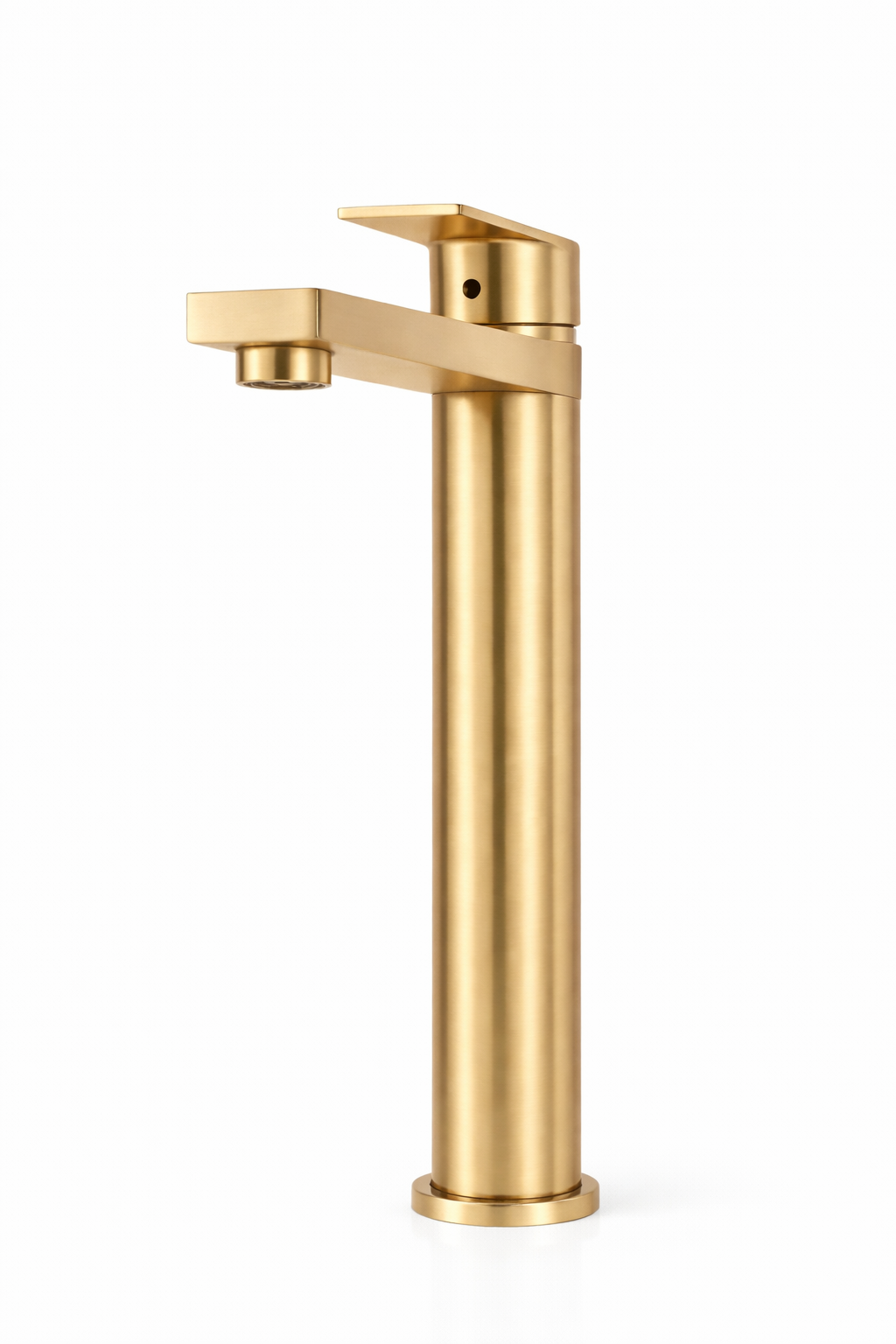 Modern brushed gold vessel sink faucet with a single handle and sleek geometric design.