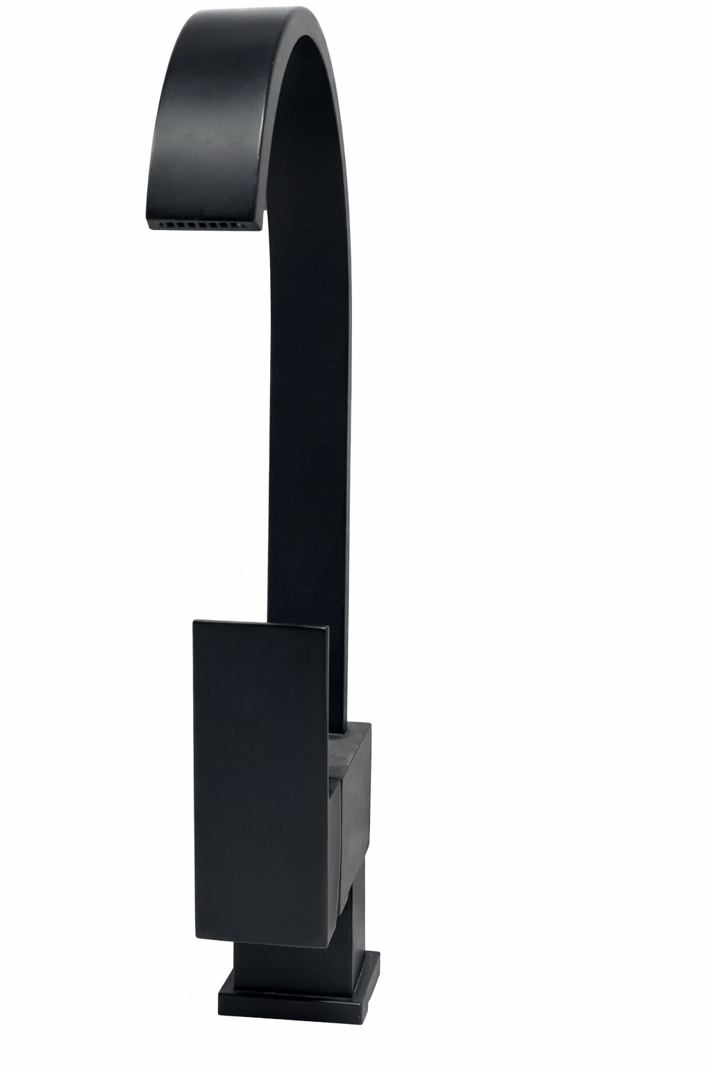Modern matte black gooseneck bathroom faucet with a tall arched spout and sleek single handle design.