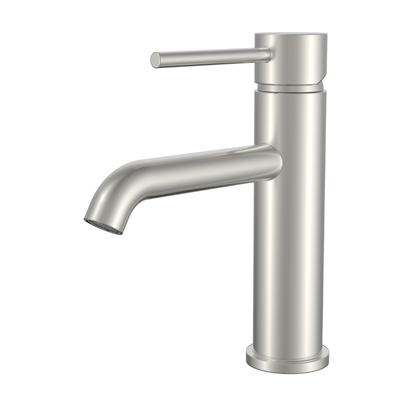 Modern brushed nickel single-handle bathroom faucet with a sleek cylindrical design and curved spout.