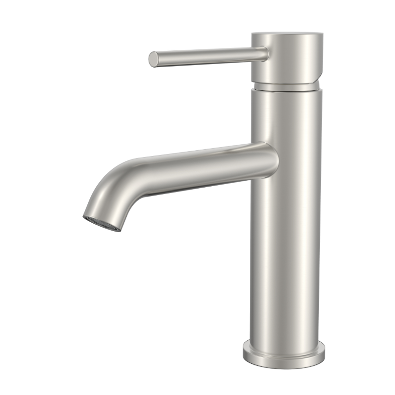Modern brushed nickel single-handle bathroom faucet with a sleek cylindrical design and curved spout.