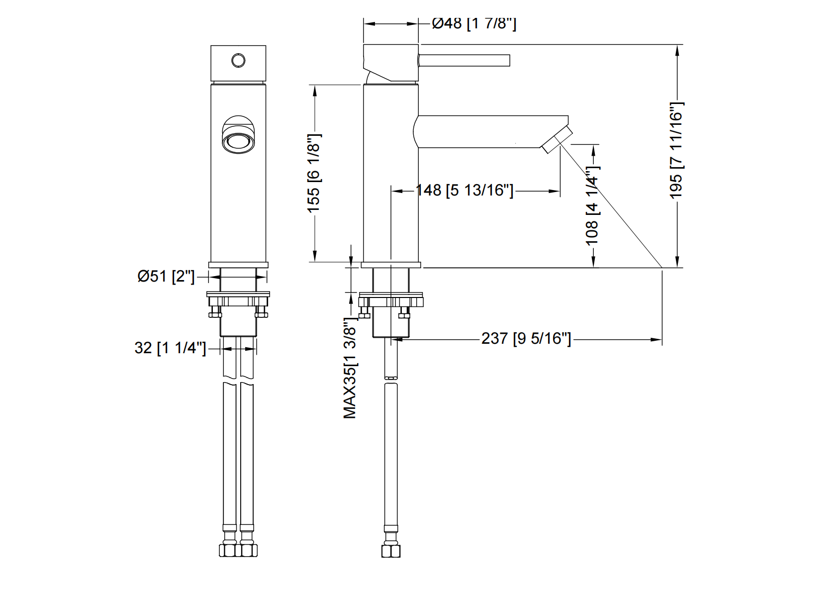 Technical specification drawing of a modern single-handle bathroom faucet with dimensions in mm and inches.