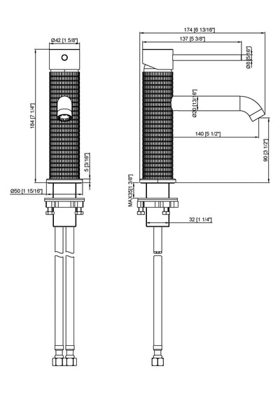 Technical drawing of a modern single-handle textured faucet with dimensions in millimeters and inches.