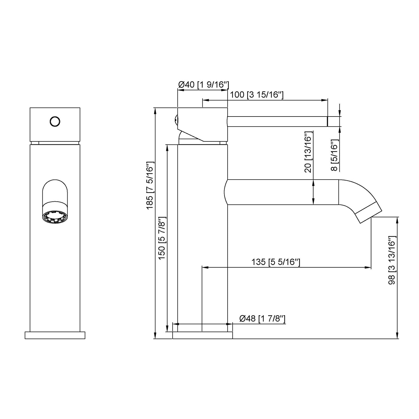 Technical drawing of a modern single-handle bathroom faucet with detailed measurements and specifications.