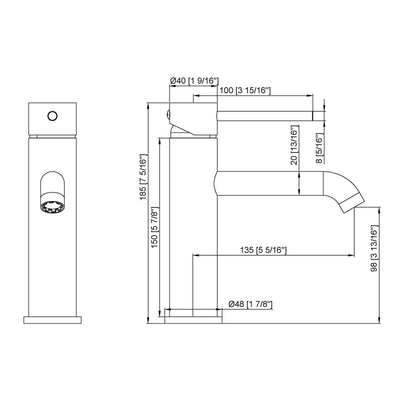 Technical drawing of a modern single-handle bathroom faucet with detailed measurements and specifications.