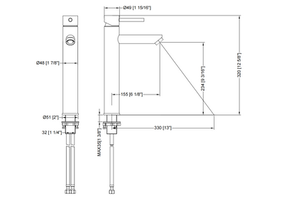 Technical specification diagram of a tall single-handle vessel sink bathroom faucet with detailed dimensions.