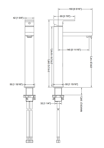 Technical drawing of a tall single-handle vessel bathroom faucet with precise dimensions and installation measurements.