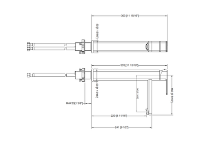 Technical drawing of a modern single-handle bathroom faucet with detailed dimensions and measurements in mm and inches.