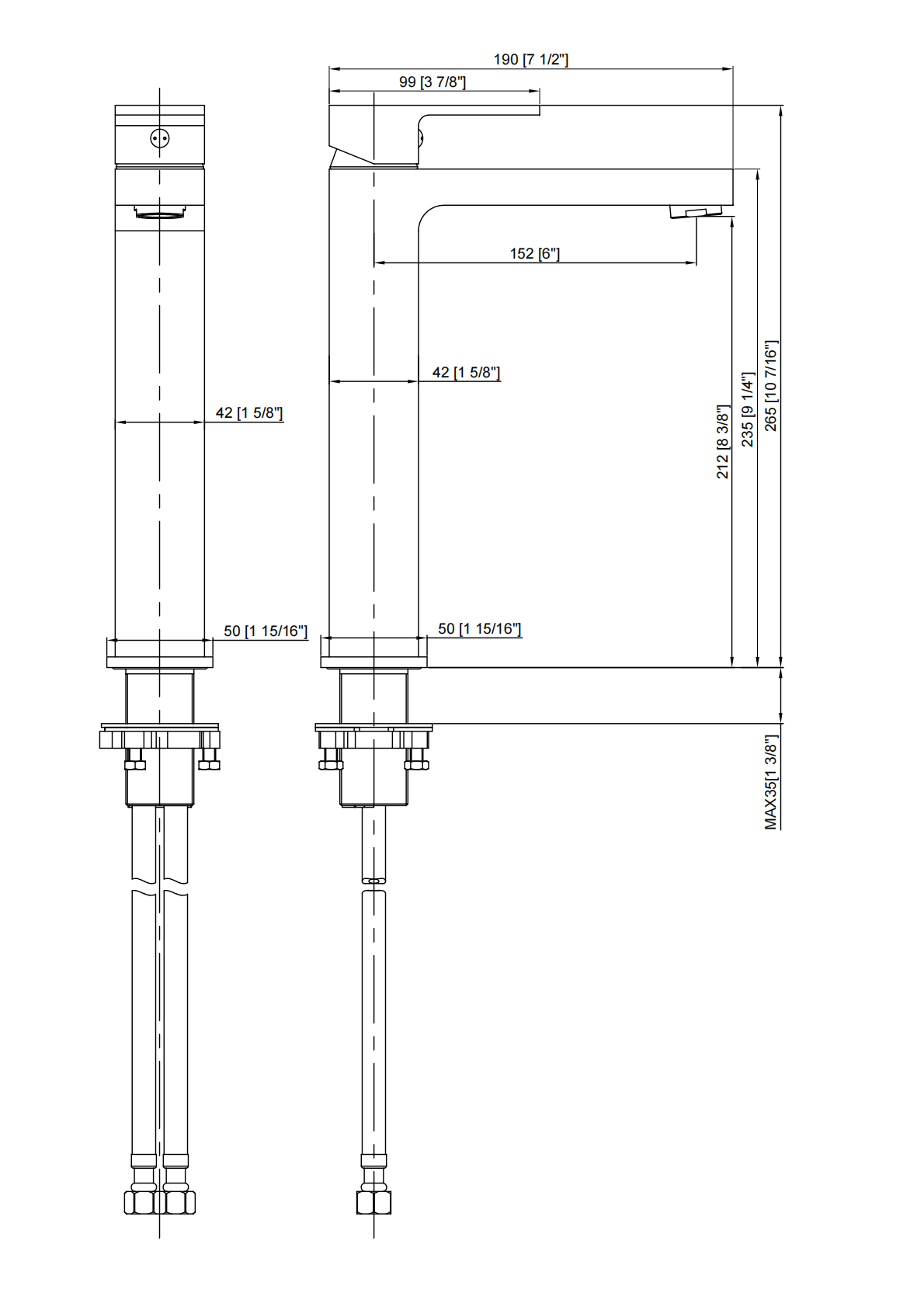Technical schematic drawing of a tall single-handle bathroom faucet with detailed installation dimensions.