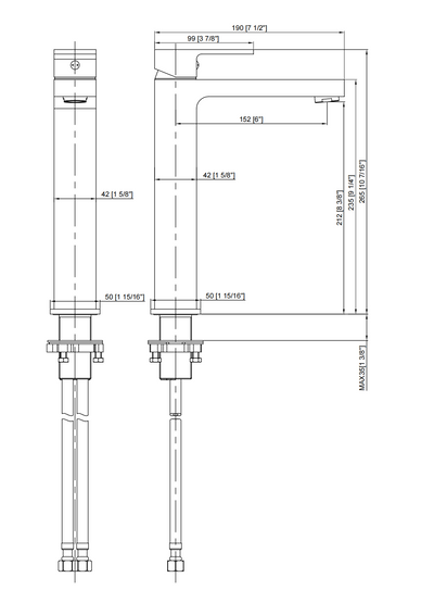 Technical schematic drawing of a tall single-handle bathroom faucet with detailed installation dimensions.