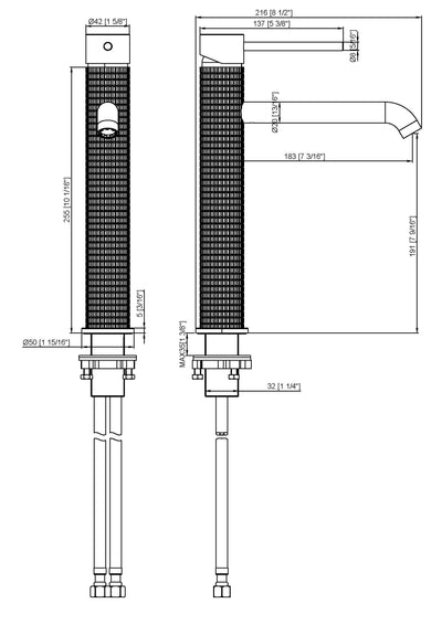 Technical drawing of a tall knurled single-handle vessel bathroom faucet showing installation dimensions and specs.