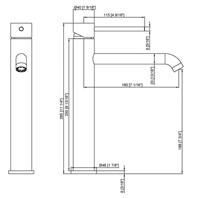 Technical schematic with dimensions in mm and inches for a tall single-handle modern bathroom vessel sink faucet.