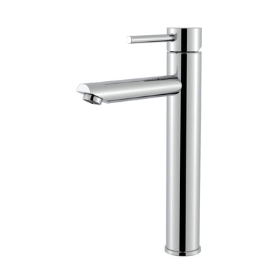Modern polished chrome tall single-handle vessel sink faucet for bathroom.