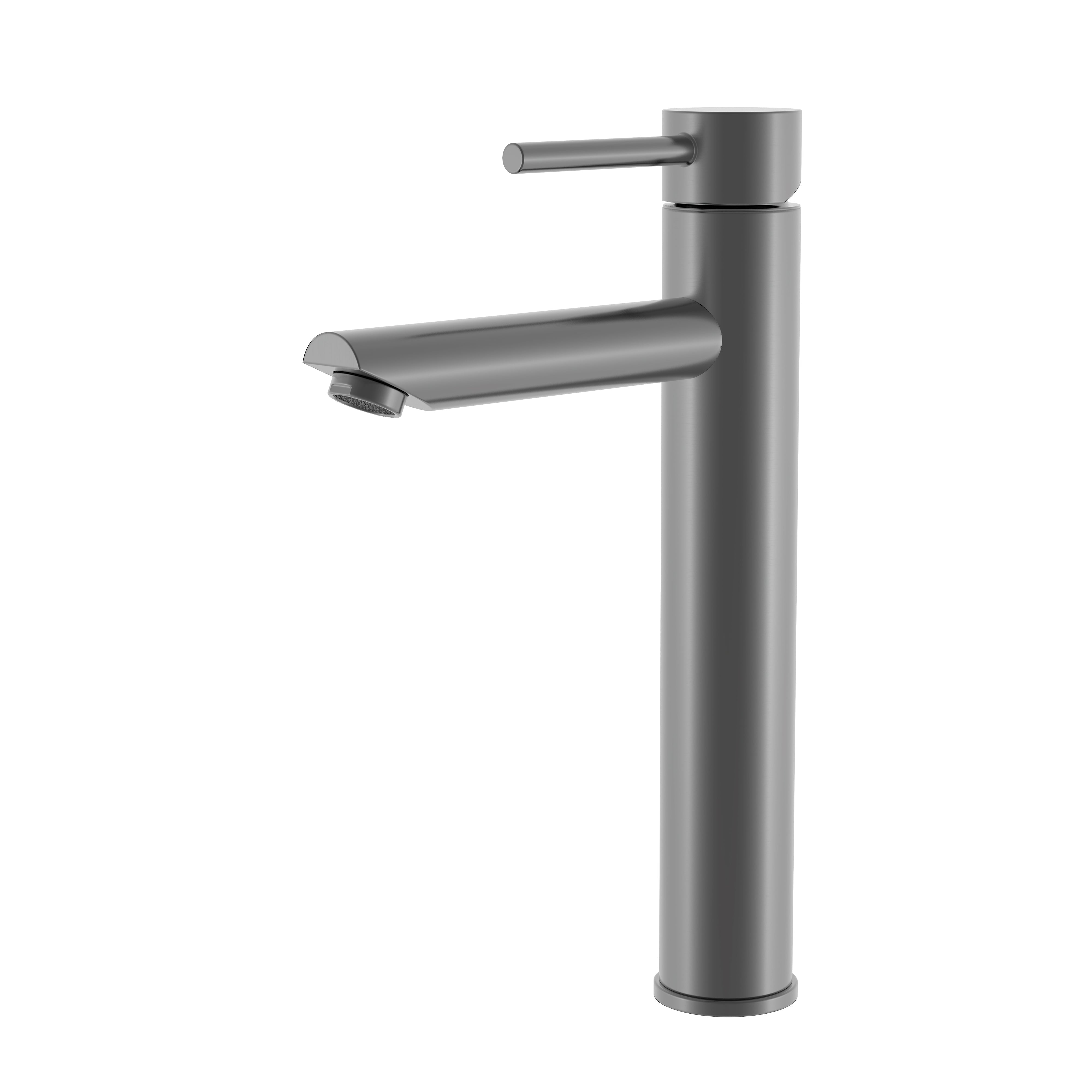 Modern gunmetal grey tall vessel sink bathroom faucet with sleek single lever handle.