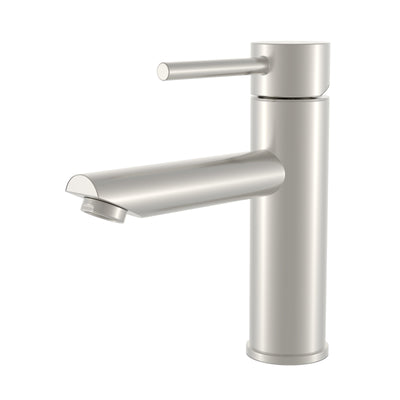 Modern brushed nickel single-handle bathroom faucet with a sleek cylindrical design and lever handle.