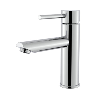 Modern polished chrome single-handle bathroom faucet with a sleek cylindrical body and straight horizontal spout.
