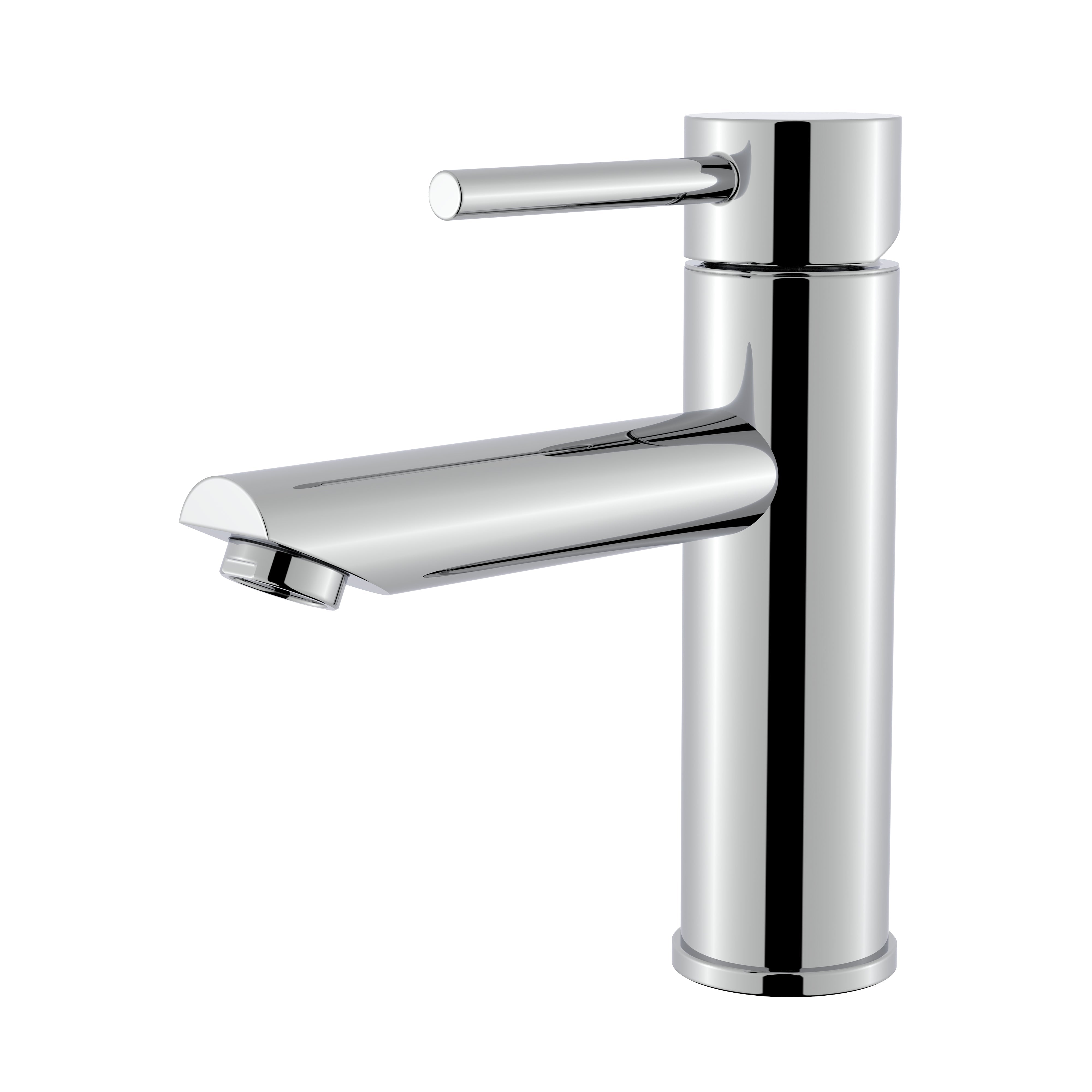 Modern polished chrome single-handle bathroom faucet with a sleek cylindrical body and straight horizontal spout.