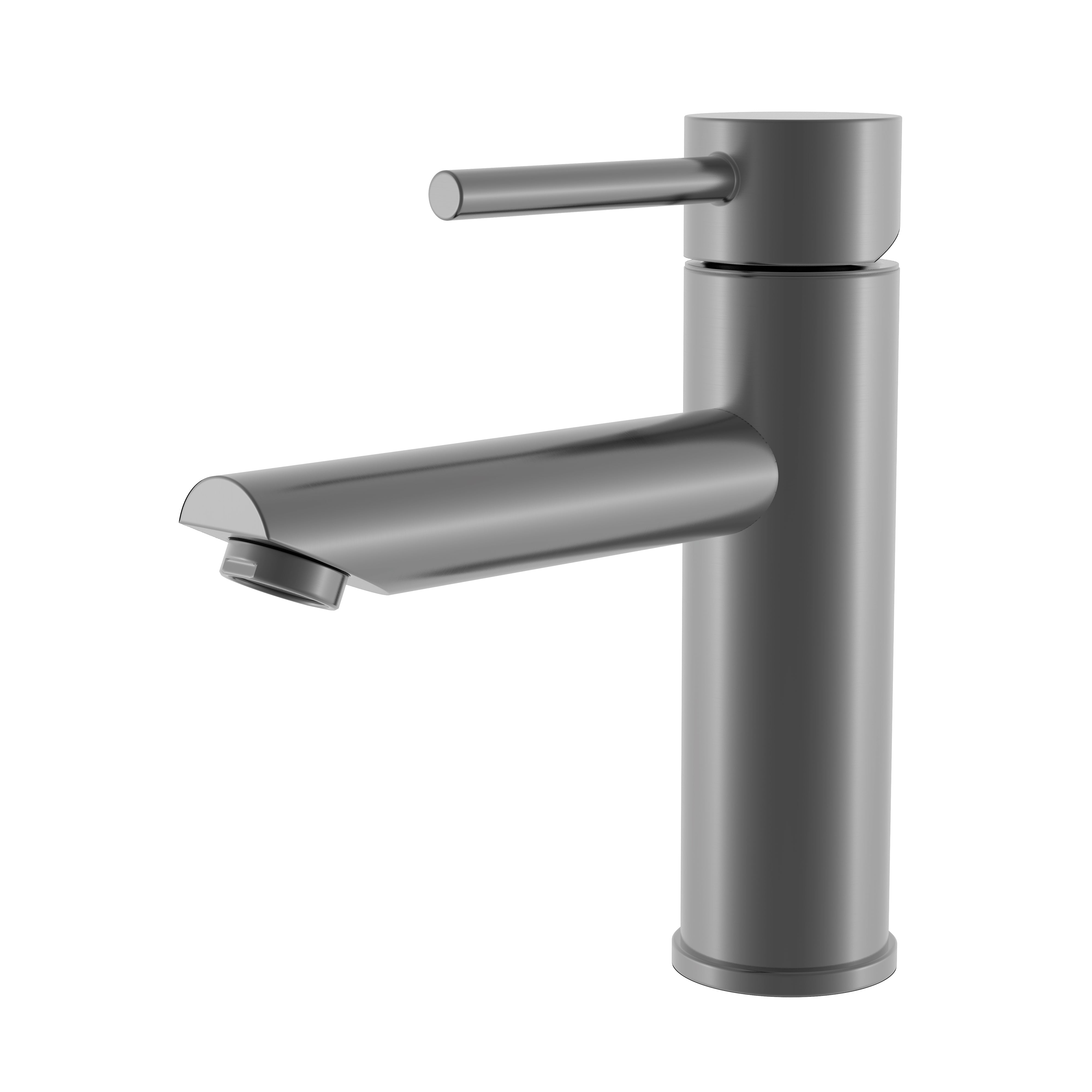 Modern gunmetal grey single handle bathroom faucet with a sleek cylindrical design.