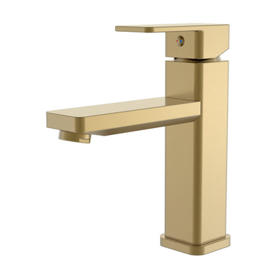 Modern brushed gold single-handle bathroom faucet with a sleek square design and angular spout.