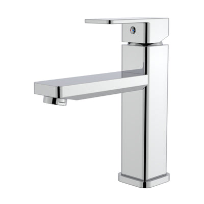Modern polished chrome single-handle bathroom faucet with square geometric design for contemporary vanity sinks.