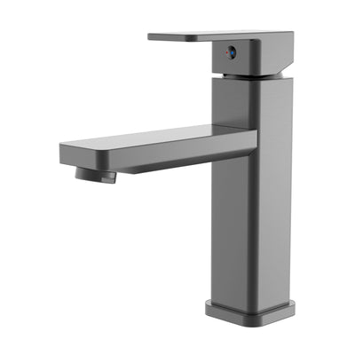 Modern brushed gunmetal single-handle square bathroom faucet with a sleek contemporary design.