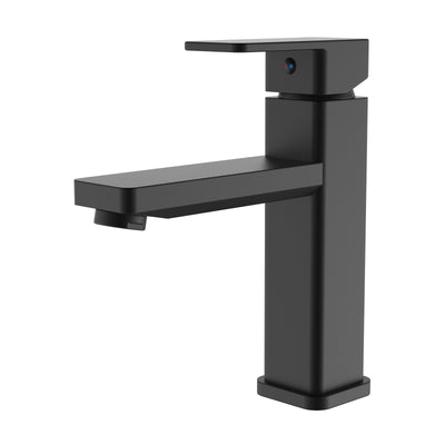 Modern matte black single-handle bathroom faucet with a sleek square geometric design.