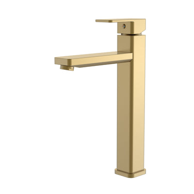Modern brushed gold tall vessel sink faucet with single lever handle and square geometric design.