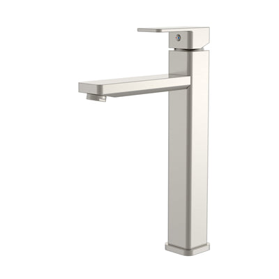 Modern brushed nickel single-handle tall vessel bathroom faucet with a square minimalist design.